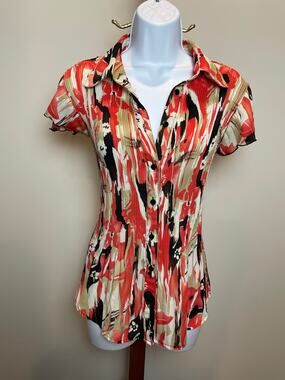 Sere Nade New York Abstract Floral Top Size L Neutral Tone With Orange Accent
